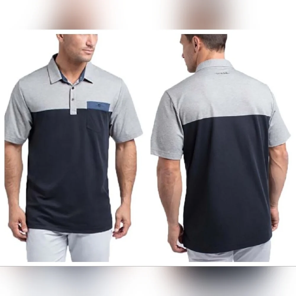 Travis Mathew Four B's Polo.‎ Grey navy blue. Men's size Large.